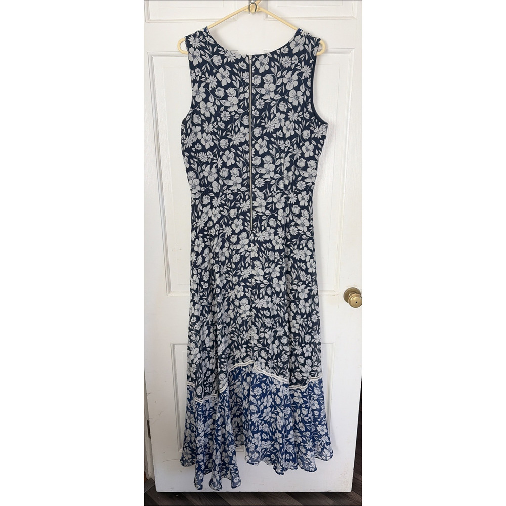 Women's Blue White Floral Sleeveless Asymmetric Maxi Dress 14 Party Summer Event - Picture 4 of 12